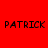 Red background with four instances of the word PATRICK in black pixelated text, two with white circular glows and two without.