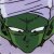 Green alien face with white eyes and dark green stripes on a light purple background.