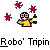 Pixelated character in yellow shirt holding bottle with white label, surrounded by pink starburst shapes on gray background, text "Robo' Tripin" below.