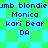 Pixelated text labels 'jmb blondie', 'Monica', 'kari bear', 'DA' appear on a green and cyan checkered background with diamond-shaped patterns.