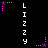 Vertical white text 'LIZZY' on black background with pink star-shaped animations and dotted trails.