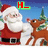 Santa Claus and reindeer in red suits with white trim stand against a blue sky, while green text above them changes across frames.