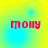 Four identical display red text 'molly' on a yellow-to-cyan gradient background with faint circular patterns