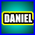 Pixelated text 'DANIEL' in white letters with black outlines, framed by a yellow border on a teal gradient background with blue outer edges.