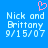 Pixelated blue background with white text reading "Nick and Brittany 9/15/07" on both sides, pink heart symbol above left text.
