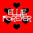 Red background with black heart shapes and white text reading 'ELLE FOREVER' in pixelated font, arranged in a repeating pattern.