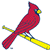 A pixelated red bird with a yellow beak perched on a yellow branch against a white background.