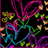 Animated icon with swirling pink, blue, and green lines over black background; orange text appears sequentially.