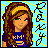Pixel art buddy icon of a cartoon woman with long brown hair wearing a blue shirt, set against a light blue background with yellow square accents and black Japanese text on the right.