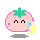 A 4-frame pixel art animation of a pink tomato-shaped character with green stem, black eyes, and yellow flame-like accents on its side, displayed in a 2x2 contact sheet against gray background.