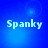Blue background with four identical displaying the word 'Spanky' in white pixelated text, each containing a faint circular light effect