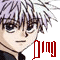 Pixelated anime-style character with light purple hair and dark eyes, wearing a black top against gray background.