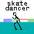 Animated contact sheet of a stick figure performing various skateboarding actions across 25 sampled frames arranged in a 5x5 grid, with text "skate dancer" above each frame.