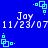 Blue background with repeated white text 'Joy 11/23/07' and cyan square-dot patterns scattered across the image.