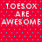 Red background with cyan dots and repeated white text reading "TOESOX ARE AWESOME" in a pattern