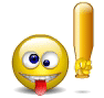Yellow emoji face with blue eyes and red tongue sticking out, holding a golden bat in various positions