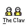 Animated contact sheet of a pixel art buddy icon showing two yellow stick figures in various poses with speech bubbles and repeated text "The Claw" below each frame.