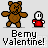 Pixelated brown teddy bear with red-shirted figure holding white circle, repeated in pattern beneath 'Bemy Valentine!' text