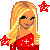 Pixel art of a blonde woman in red and white cheerleading outfit with red stars, holding a red bag, surrounded by text elements.