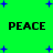 Green background with blue plus signs and black text reading PEACE in four positions, two with colons on the right side.