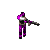 A 4x4 contact sheet of a pixel-art animated character in purple and black attire holding a rifle, displayed against a gray background with visible transparency.