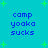 Blue pixelated text 'camp yoaka sucks' repeated four times on a cyan background with green star shapes, with visible animation changes between frames.