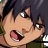 Pixelated anime-style character face with dark hair, closed eyes, and open mouth showing pink tongue against a dark background.