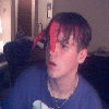 A person in a blue shirt with a red bandana covering part of their face appears in four showing slight head and eye position changes