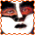 six identical cartoon faces with white masks, black eye and mouth holes, red cheeks, and orange borders