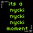 Green pixelated text on black background with white star and dotted line accents, repeating 'its a nycki moment' in two
