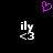 A black background displays a pink pixelated heart above two identical white 'ily' text icons with gray arrows.