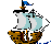 Pixelated ship with brown hull, white and light blue sails, black rigging, orange accents, and a blue flag on mast; four views show sail positions changing.