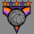 Pixel art icon with purple and orange shield shape, five stars above, gray sphere, and blue creature with red eyes in various poses.