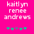 Pixelated text 'kaitlyn renee andrews' on bright pink background with green and purple star-like symbols below.