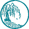 Circular teal icon with stylized willow tree, flowing water, and scattered yellow dots, arranged in a with one missing