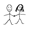 Animated stick figures of a boy and girl holding hands, performing sequential dance poses with changing leg positions.