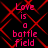 A static digital image displays repeated text over a red pattern on a black background