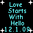 Pixelated cyan text on black background with white stars, displaying "Love Starts With Hello 12.1.09" in two identical vertical