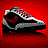 Pixelated image of a black and white sneaker with colorful accents on red background.