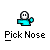 Pixelated cartoon character with white face and black eyes, wearing cyan shirt, performing nose-picking action