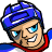 A 3x2 contact sheet of six pixelated animation frames showing a cartoon hockey player with blue helmet, red collar, and alternating eye colors (blue/red) across frames.
