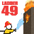 A pixelated firefighter in yellow uniform and red helmet sprays water from a hose at a burning building, with 'LADDER 49' text above.