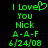 Green pixelated text on black background with 'I Love' followed by a heart symbol, then 'You', 'Nick', 'A-A-F', and '6/24/08'.