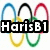 Olympic rings background with changing text overlays reading HarisB1 Loves The Olympics in a single animation sequence.