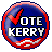 A 48x48 pixel animated contact sheet showing two frames: a circular 'VOTE KERRY' button with red, white, and blue colors on the left; green text reading 'Original Icons .com' on a dark green background on the right.