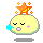 Pixelated yellow circular character with closed eyes, pink blush marks, and a blue bubble on the left side of its face. An orange star with small yellow sparkles sits atop the head in some frames.