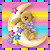A pixelated teddy bear with a purple bow sits on a crescent moon surrounded by stars and flowers against a pastel gradient background.