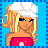 Pixel art contact sheet showing three frames of an animated AIM buddy icon featuring a cartoon woman with blonde hair, white headwrap, pink top, and green plaid skirt alongside text phrases.