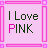 Four identical pink square with green and pink text reading "I Love PINK" arranged in a , each bordered by pink and purple pixelated lines