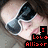Pixelated image of a character with large eyes and pinkish skin holding a dark blue hourglass, red text reading "I Love Allisor" on black background.
